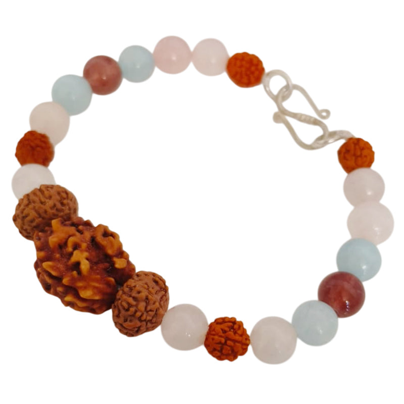 Chandra Shanti Kavach Bracelet: 2 Mukhi & 10 Mukhi Rudraksha with Rose Quartz for Emotional Protection