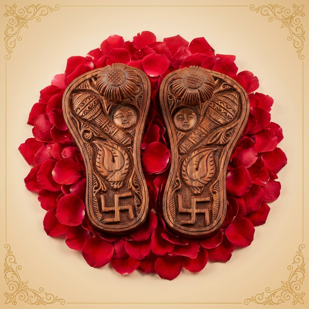 5" Red Sandalwood Charan Paduka - Hand Carved Guru Khadau