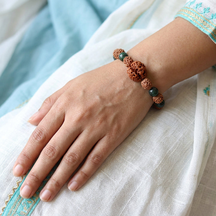 Sthira Chetana Bracelet: 3 Mukhi & 4 Mukhi Rudraksha with Moss Agate for Grounding & Sustained Focus