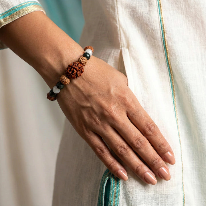 Shanti Vaani Bracelet: 2 Mukhi & 10 Mukhi Rudraksha with Aquamarine & Moss Agate for Tranquil Communication