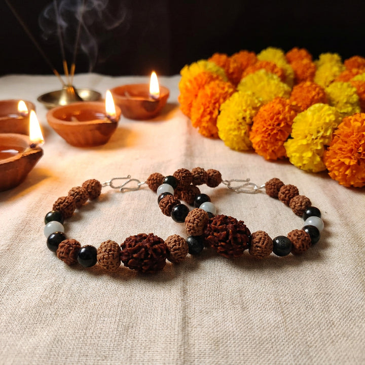 Shanti Vaani Bracelet: 2 Mukhi & 10 Mukhi Rudraksha with Aquamarine & Moss Agate for Tranquil Communication