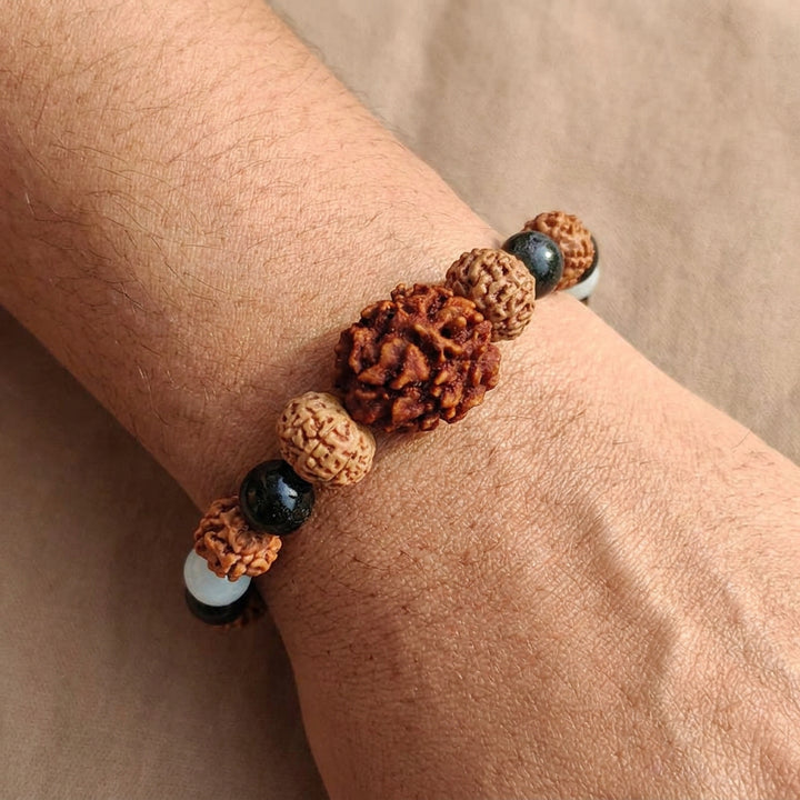 Shanti Vaani Bracelet: 2 Mukhi & 10 Mukhi Rudraksha with Aquamarine & Moss Agate for Tranquil Communication
