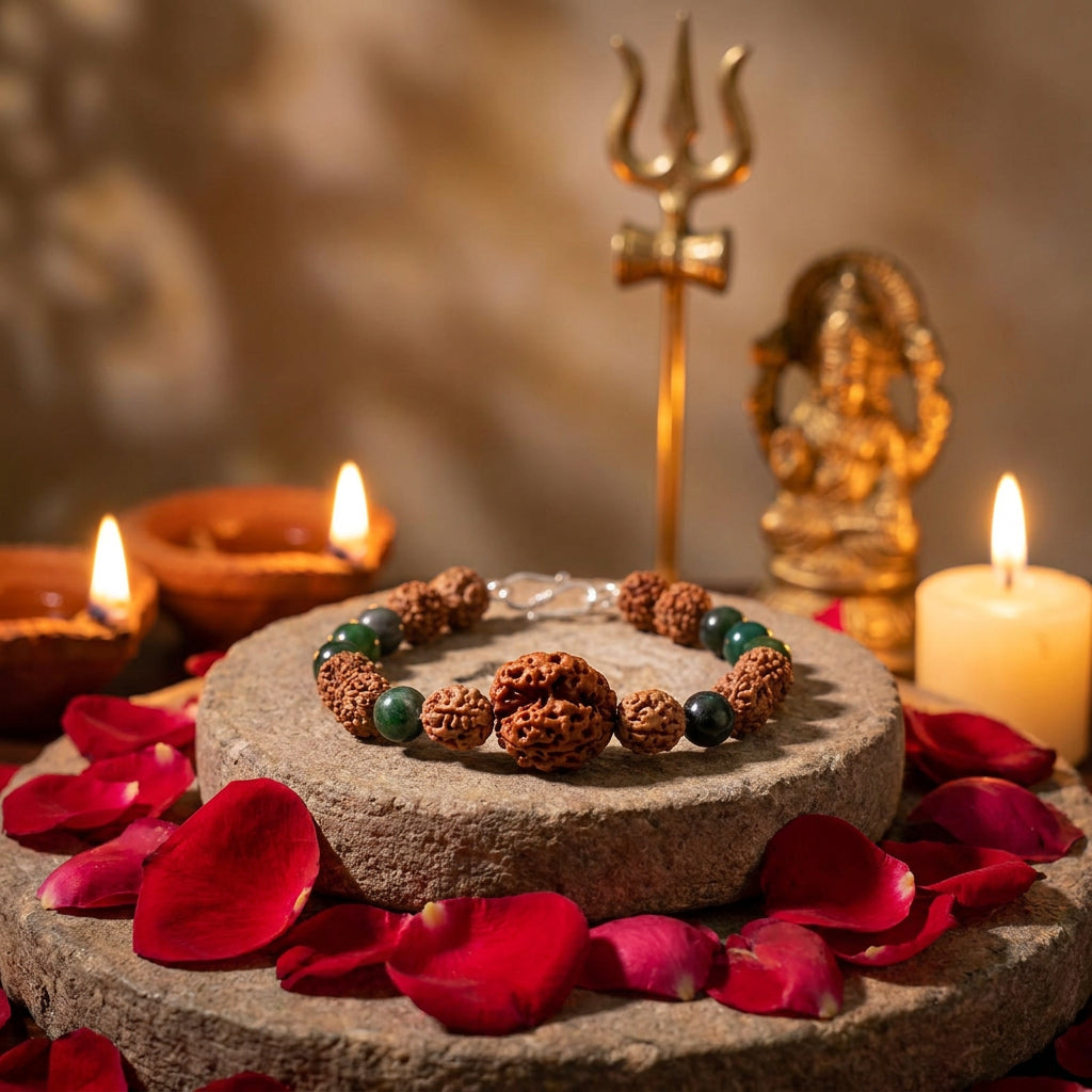 Sthira Chetana Bracelet: 3 Mukhi & 4 Mukhi Rudraksha with Moss Agate for Grounding & Sustained Focus
