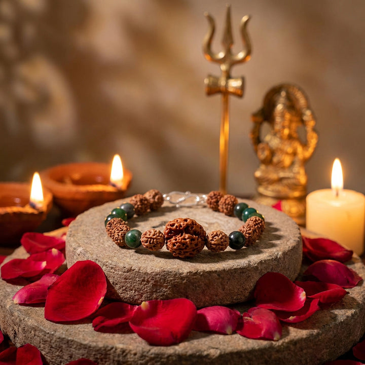 Sthira Chetana Bracelet: 3 Mukhi & 4 Mukhi Rudraksha with Moss Agate for Grounding & Sustained Focus