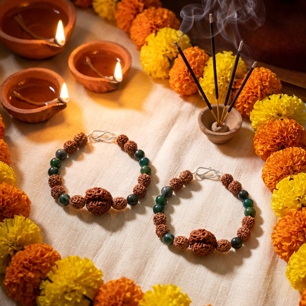 Sthira Chetana Bracelet: 3 Mukhi & 4 Mukhi Rudraksha with Moss Agate for Grounding & Sustained Focus