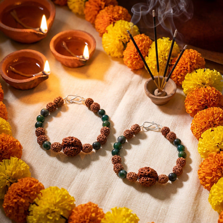 Sthira Chetana Bracelet: 3 Mukhi & 4 Mukhi Rudraksha with Moss Agate for Grounding & Sustained Focus