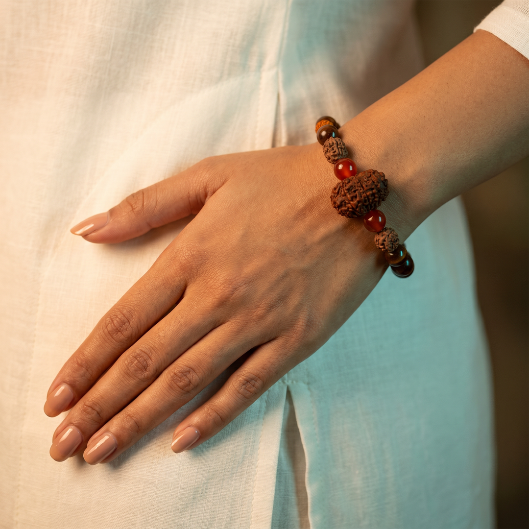 Suryavanshi Karma Bracelet: 12 Mukhi & 3 Mukhi Rudraksha with Red Tiger Eye for Leadership & Manifestation