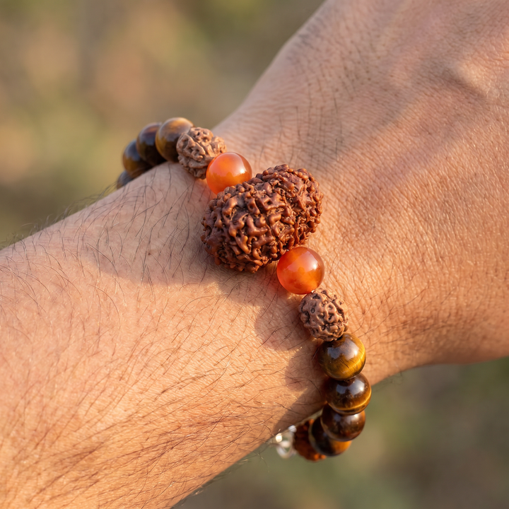Suryavanshi Karma Bracelet: 12 Mukhi & 3 Mukhi Rudraksha with Red Tiger Eye for Leadership & Manifestation