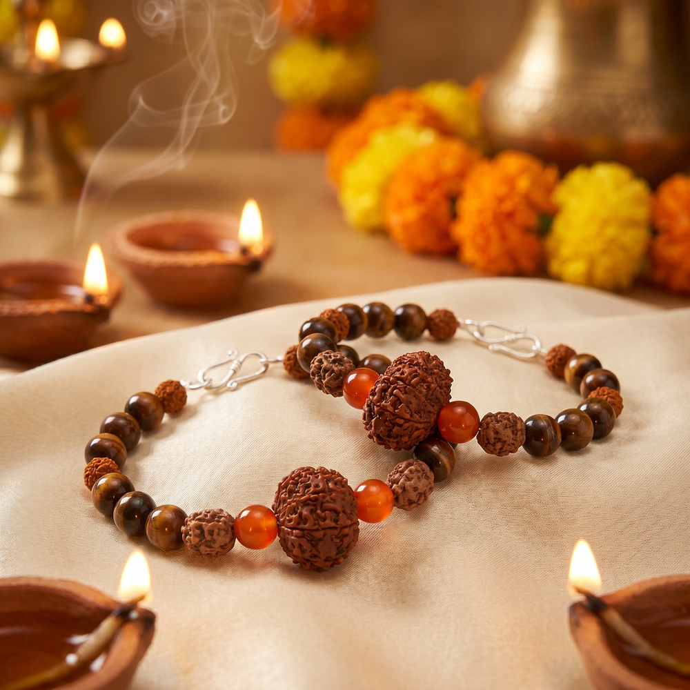 Suryavanshi Karma Bracelet: 12 Mukhi & 3 Mukhi Rudraksha with Red Tiger Eye for Leadership & Manifestation