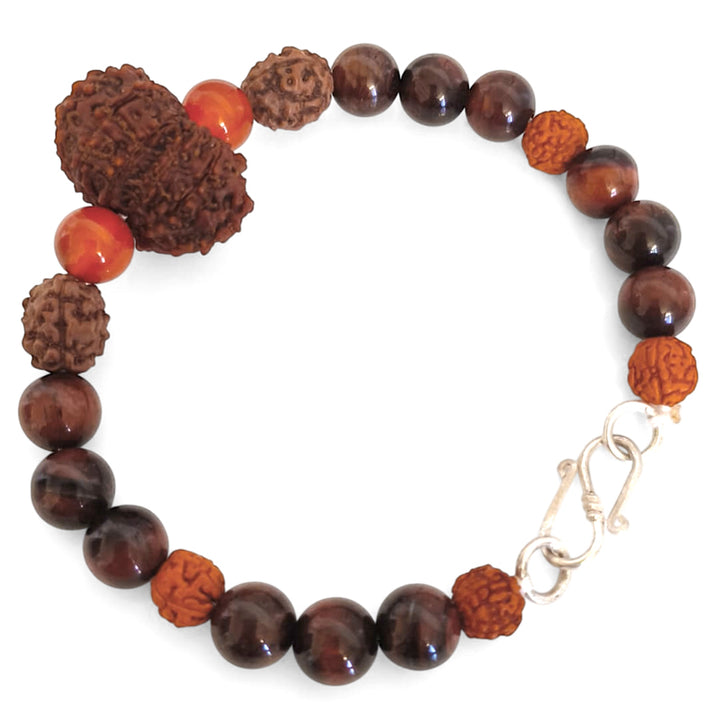 Suryavanshi Karma Bracelet: 12 Mukhi & 3 Mukhi Rudraksha with Red Tiger Eye for Leadership & Manifestation