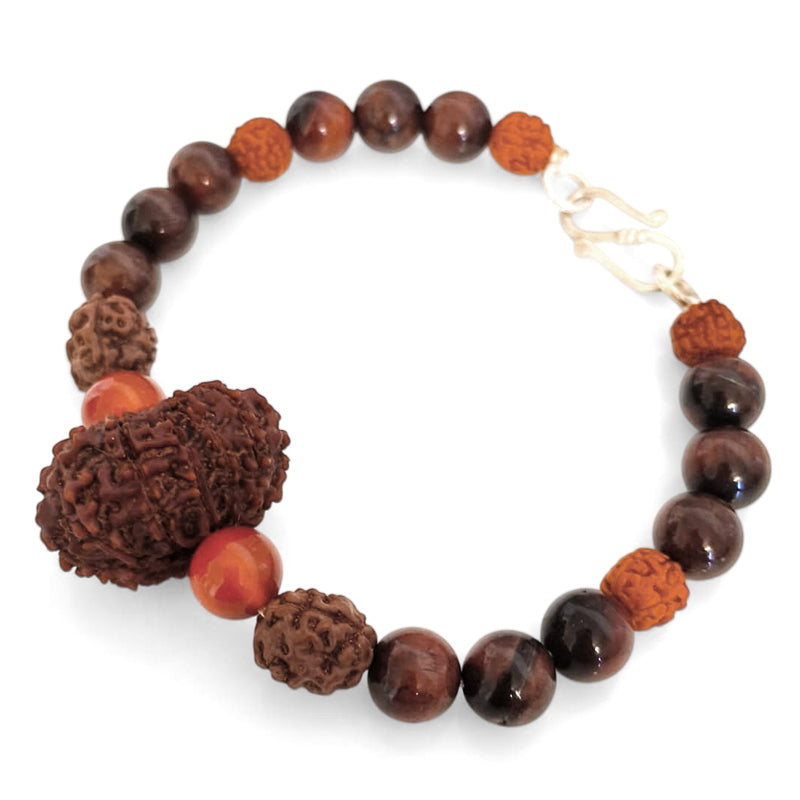 Suryavanshi Karma Bracelet: 12 Mukhi & 3 Mukhi Rudraksha with Red Tiger Eye for Leadership & Manifestation