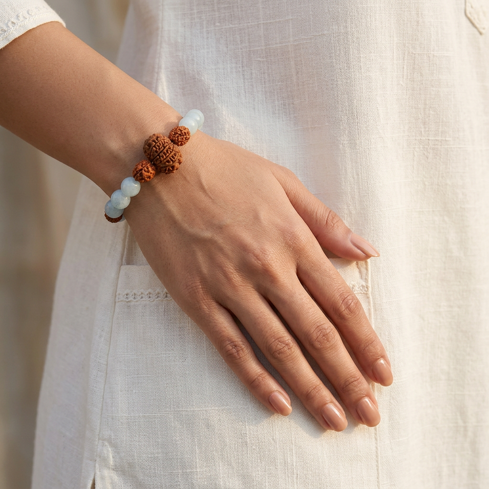 Vaani Shuddhi Bracelet: 10 Mukhi & 4 Mukhi Rudraksha with Aquamarine for Truth & Calm Communication