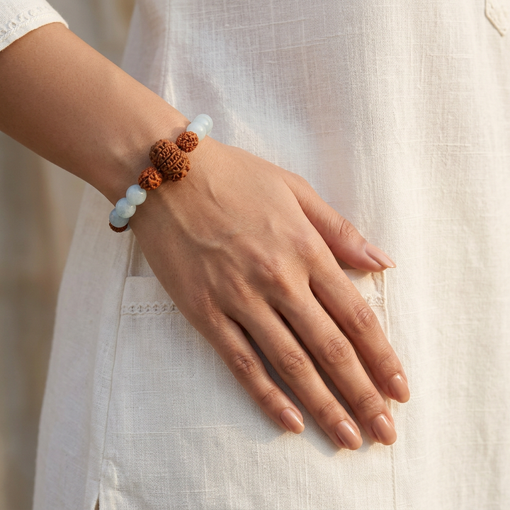 Vaani Shuddhi Bracelet: 10 Mukhi & 4 Mukhi Rudraksha with Aquamarine for Truth & Calm Communication