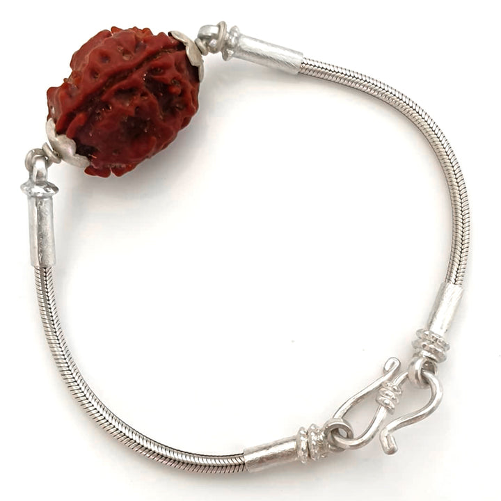 3 Mukhi Rudraksha Silver Bracelet | Teen Mukhi Rudraksha Bead Snake Chain Silver Bracelet | Nepal Three Mukhi Rudraksha Bead with Caps & Silver Chain Bracelet