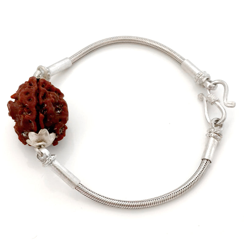 3 Mukhi Rudraksha Silver Bracelet | Teen Mukhi Rudraksha Bead Snake Chain Silver Bracelet | Nepal Three Mukhi Rudraksha Bead with Caps & Silver Chain Bracelet