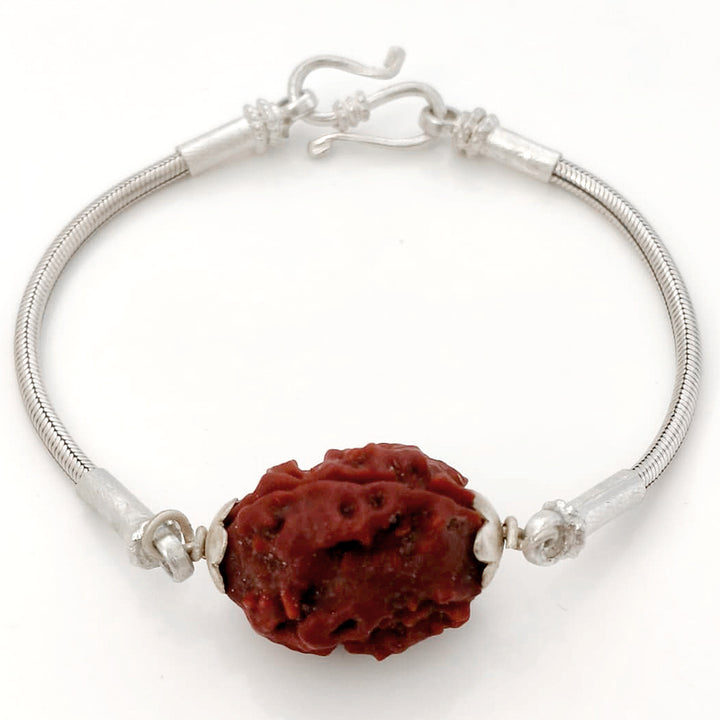 3 Mukhi Rudraksha Silver Bracelet | Teen Mukhi Rudraksha Bead Snake Chain Silver Bracelet | Nepal Three Mukhi Rudraksha Bead with Caps & Silver Chain Bracelet