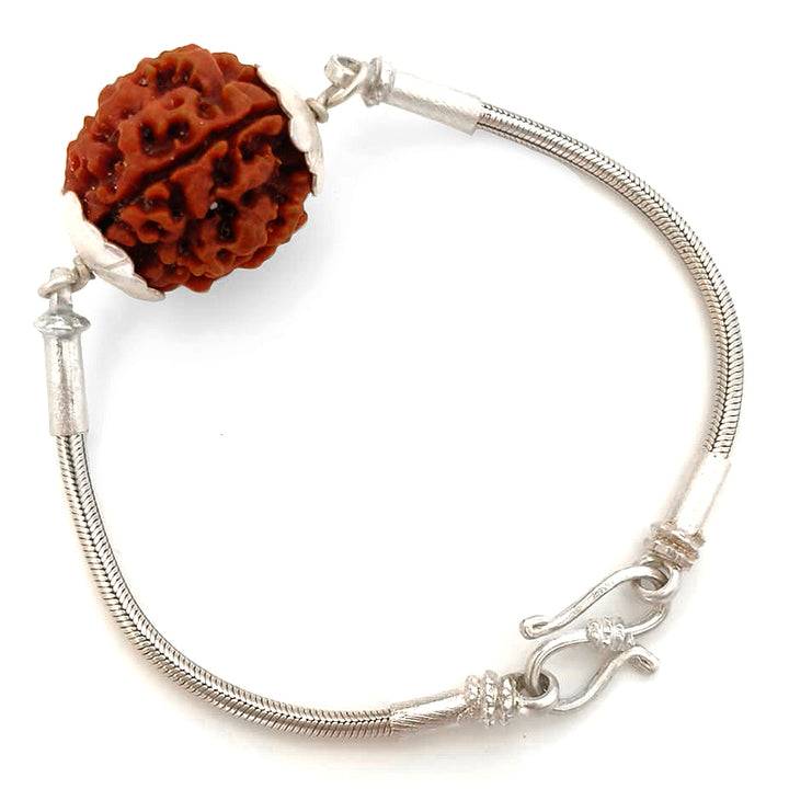 4 Mukhi Rudraksha Silver Bracelet | Chaar Mukhi Rudraksha Bead Snake Chain Silver Bracelet | Nepal Four Mukhi Rudraksha Bead with Caps & Silver Chain Bracelet
