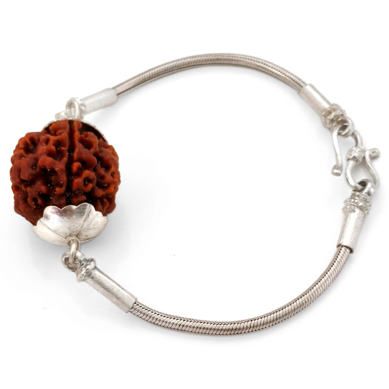 4 Mukhi Rudraksha Silver Bracelet | Chaar Mukhi Rudraksha Bead Snake Chain Silver Bracelet | Nepal Four Mukhi Rudraksha Bead with Caps & Silver Chain Bracelet