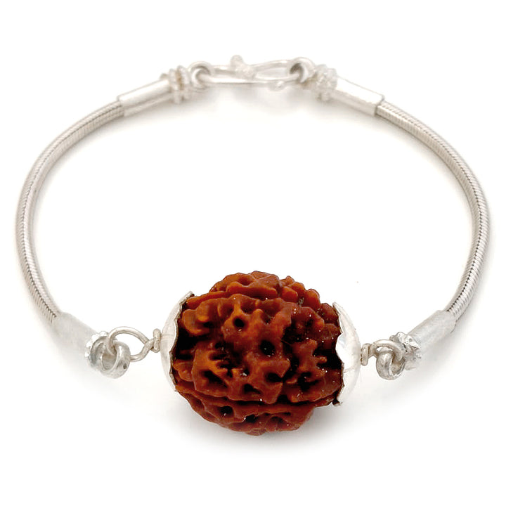 4 Mukhi Rudraksha Silver Bracelet | Chaar Mukhi Rudraksha Bead Snake Chain Silver Bracelet | Nepal Four Mukhi Rudraksha Bead with Caps & Silver Chain Bracelet