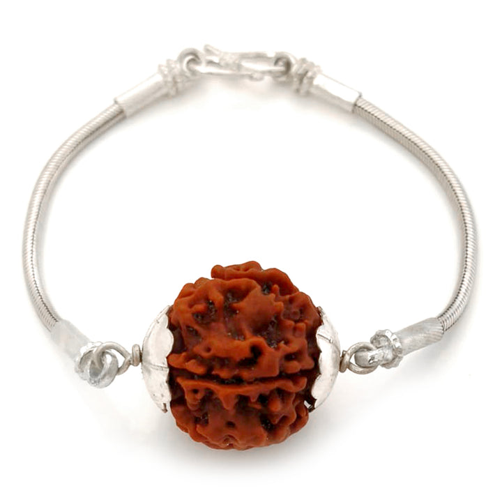 5 Mukhi Rudraksha Silver Bracelet | Paanch Mukhi Rudraksha Bead Snake Chain Silver Bracelet | Nepal Five Mukhi Rudraksha Bead with Caps & Silver Chain Bracelet