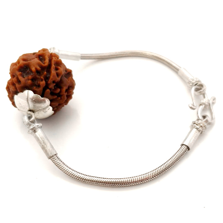 5 Mukhi Rudraksha Silver Bracelet | Paanch Mukhi Rudraksha Bead Snake Chain Silver Bracelet | Nepal Five Mukhi Rudraksha Bead with Caps & Silver Chain Bracelet