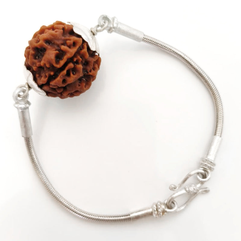 5 Mukhi Rudraksha Silver Bracelet | Paanch Mukhi Rudraksha Bead Snake Chain Silver Bracelet | Nepal Five Mukhi Rudraksha Bead with Caps & Silver Chain Bracelet