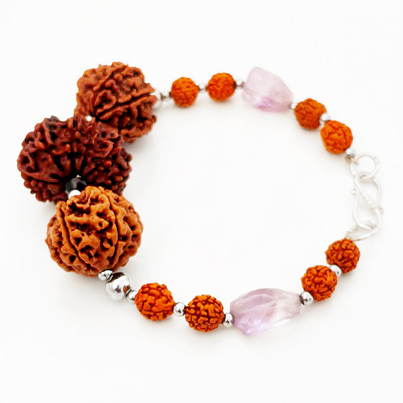 Capricorn Zodiac Sun Sign Bracelet | Makar Rashi Bracelet | A Combination of 6 Mukhi Rudraksha, 7 Mukhi Rudraksha and 11 Mukhi Rudraksha Bead with Amethyst Gemstone Beads | Energised Bracelet