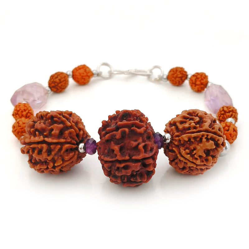 Capricorn Zodiac Sun Sign Bracelet | Makar Rashi Bracelet | A Combination of 6 Mukhi Rudraksha, 7 Mukhi Rudraksha and 11 Mukhi Rudraksha Bead with Amethyst Gemstone Beads | Energised Bracelet