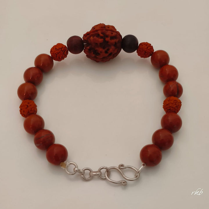 Rakta Prithvi Kavach Bracelet: 3 Mukhi Rudraksha & Red Jasper for Strength & Grounding
