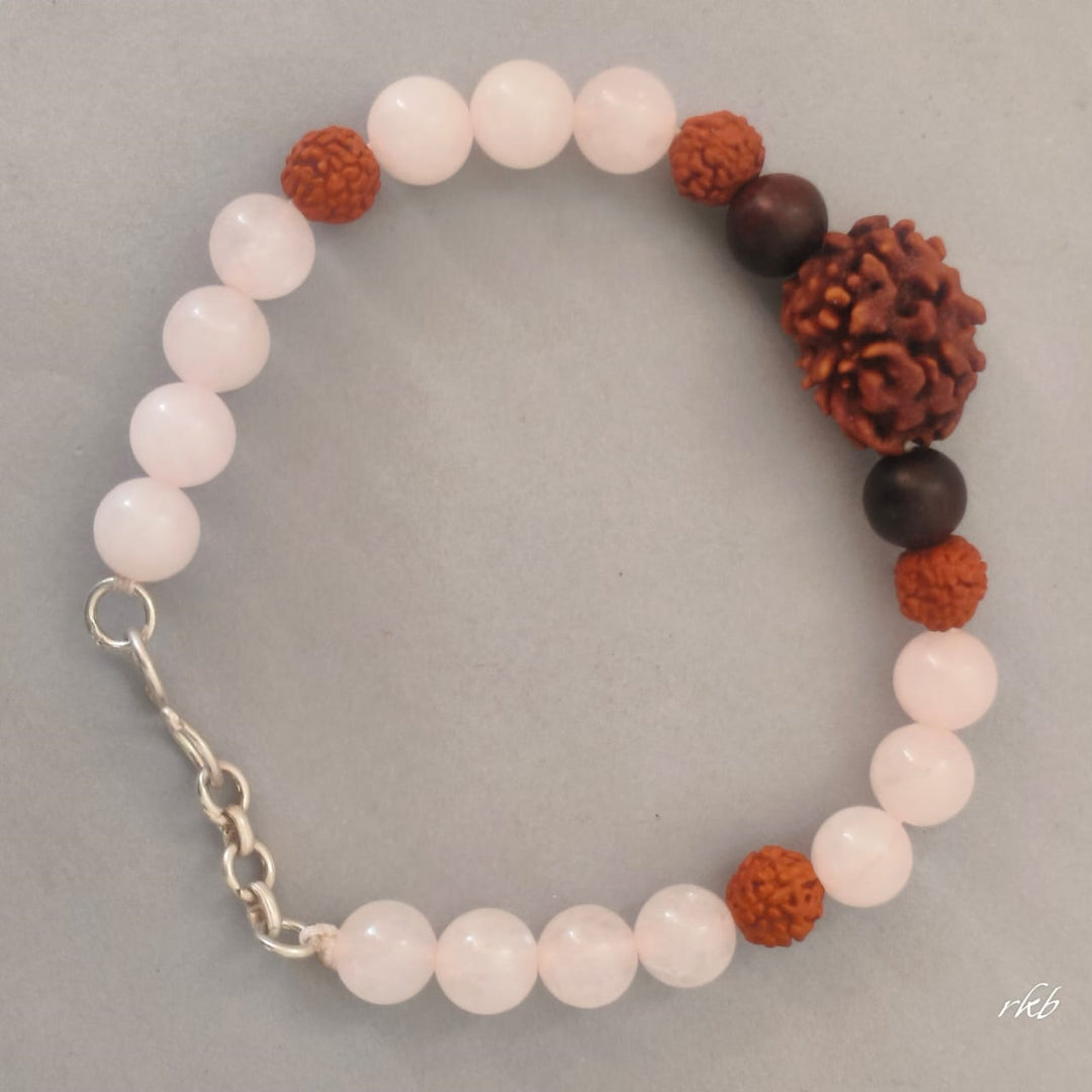 Dampatya Preeti Bracelet: 2 Mukhi Rudraksha & Rose Quartz for Love & Relationship Harmony Male