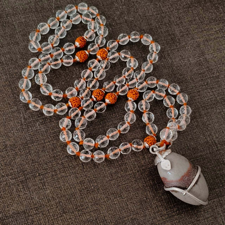 Rudraksha Beads - Sphatik / Crystal / Quartz Diamond cut Beads with Narmadeshwar silver Snake Pendant Handknotted Mala Necklace