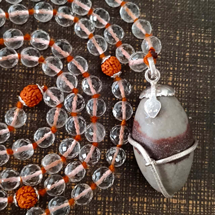 Rudraksha Beads - Sphatik / Crystal / Quartz Diamond cut Beads with Narmadeshwar silver Snake Pendant Handknotted Mala Necklace