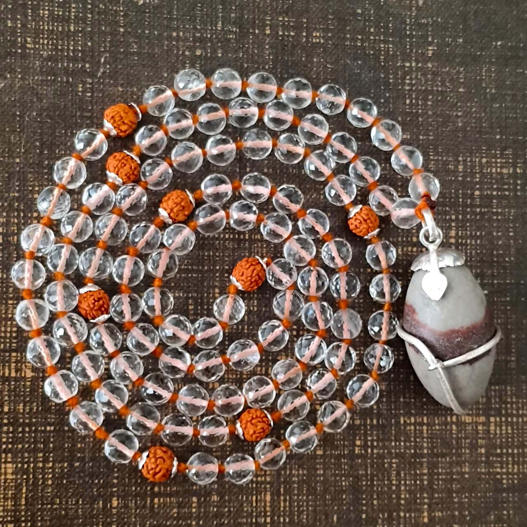 Rudraksha Beads - Sphatik / Crystal / Quartz Diamond cut Beads with Narmadeshwar silver Snake Pendant Handknotted Mala Necklace