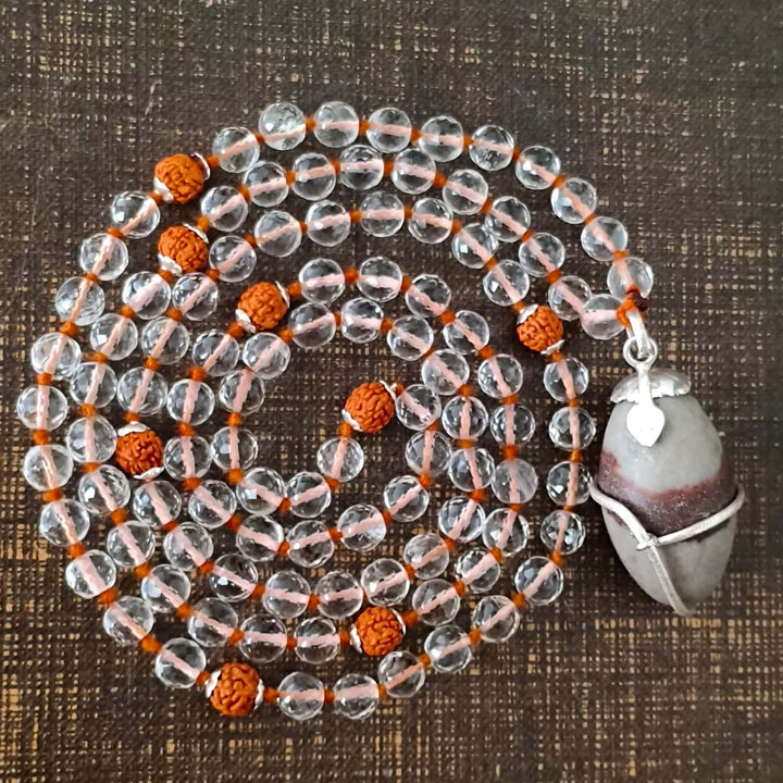 Rudraksha Beads - Sphatik / Crystal / Quartz Diamond cut Beads with Narmadeshwar silver Snake Pendant Handknotted Mala Necklace