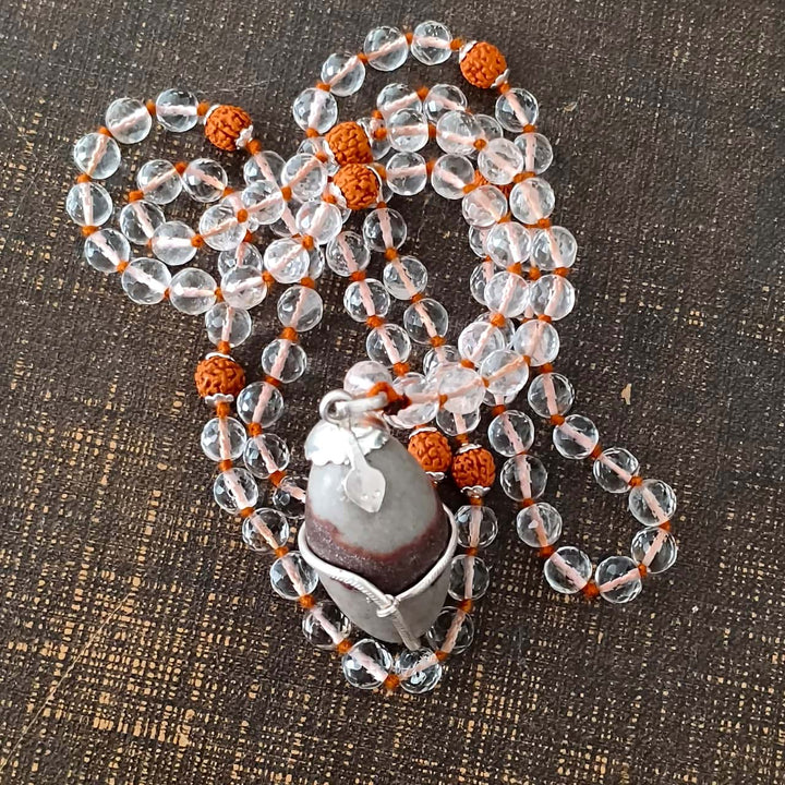 Rudraksha Beads - Sphatik / Crystal / Quartz Diamond cut Beads with Narmadeshwar silver Snake Pendant Handknotted Mala Necklace