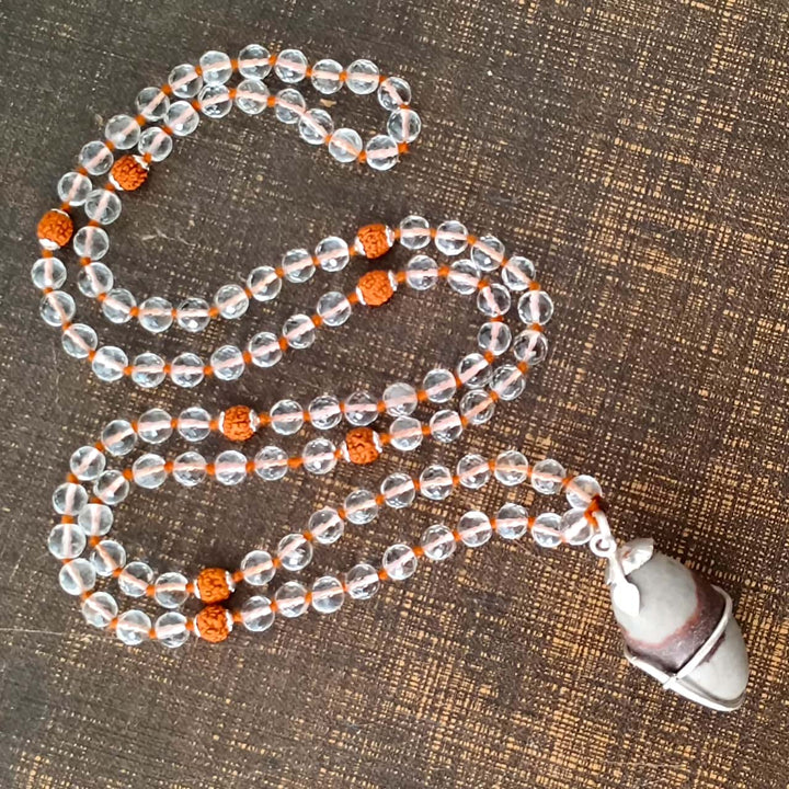 Rudraksha Beads - Sphatik / Crystal / Quartz Diamond cut Beads with Narmadeshwar silver Snake Pendant Handknotted Mala Necklace