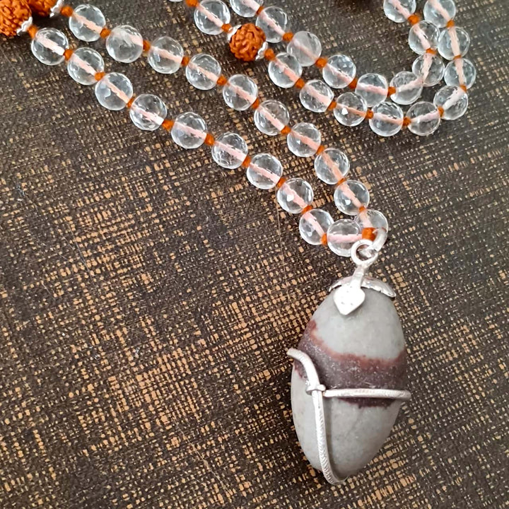 Rudraksha Beads - Sphatik / Crystal / Quartz Diamond cut Beads with Narmadeshwar silver Snake Pendant Handknotted Mala Necklace