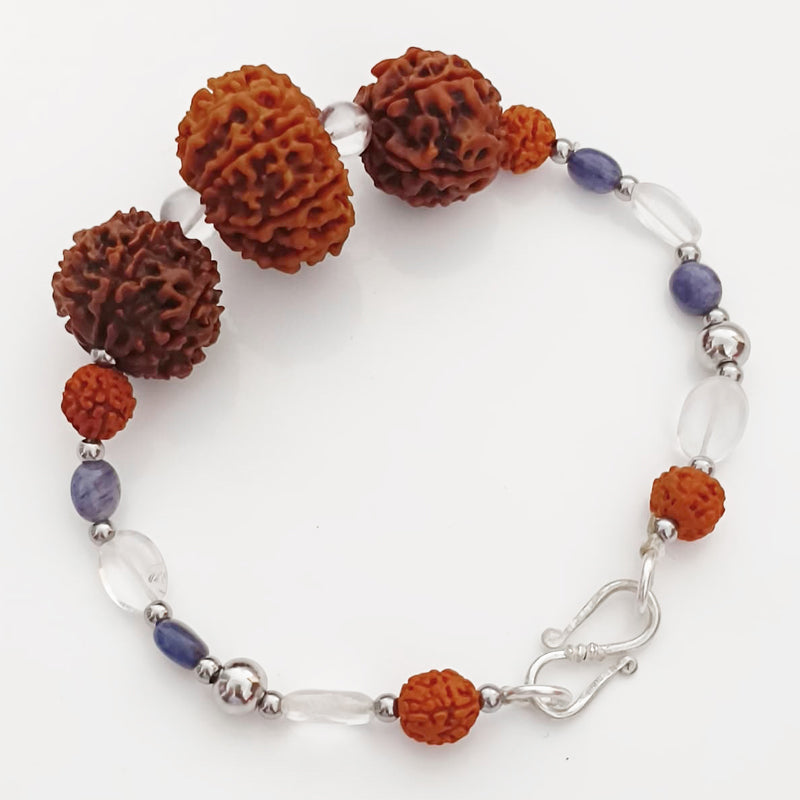 Aquarius Zodiac Sun Sign Bracelet | Kumbh (Kumbha) Rashi Bracelet | A Combination of 6 Mukhi Rudraksha, 7 Mukhi Rudraksha and 11 Mukhi Rudraksha Bead with Blue Sapphire & Sphatik (Quartz / Crystal) Gemstone Beads | Energised Bracelet