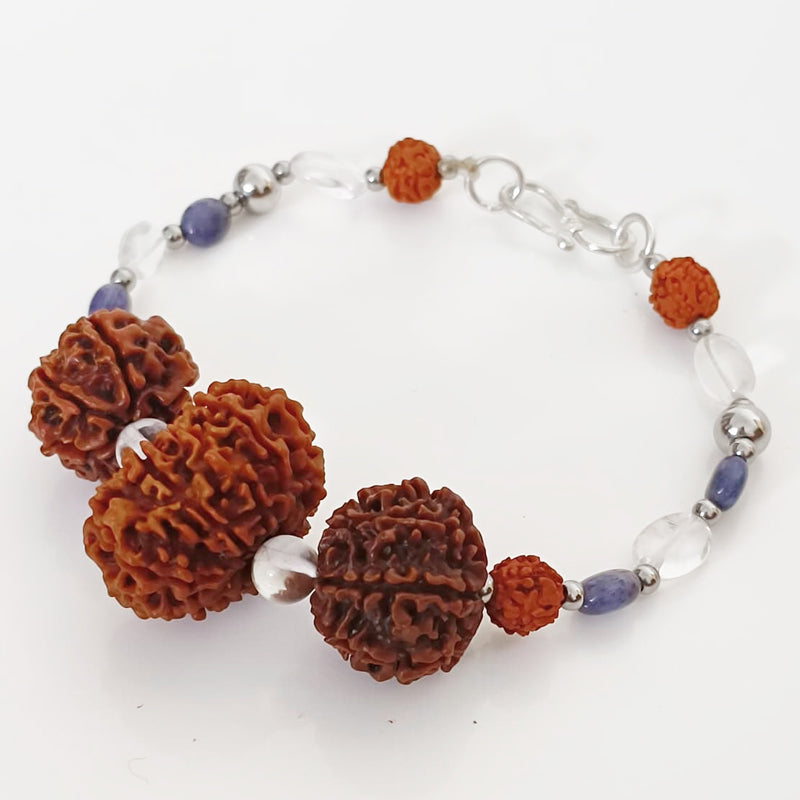 Aquarius Zodiac Sun Sign Bracelet | Kumbh (Kumbha) Rashi Bracelet | A Combination of 6 Mukhi Rudraksha, 7 Mukhi Rudraksha and 11 Mukhi Rudraksha Bead with Blue Sapphire & Sphatik (Quartz / Crystal) Gemstone Beads | Energised Bracelet