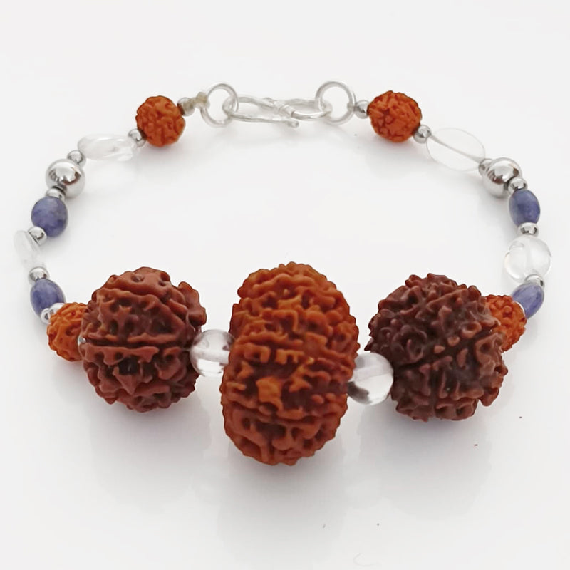 Aquarius Zodiac Sun Sign Bracelet | Kumbh (Kumbha) Rashi Bracelet | A Combination of 6 Mukhi Rudraksha, 7 Mukhi Rudraksha and 11 Mukhi Rudraksha Bead with Blue Sapphire & Sphatik (Quartz / Crystal) Gemstone Beads | Energised Bracelet