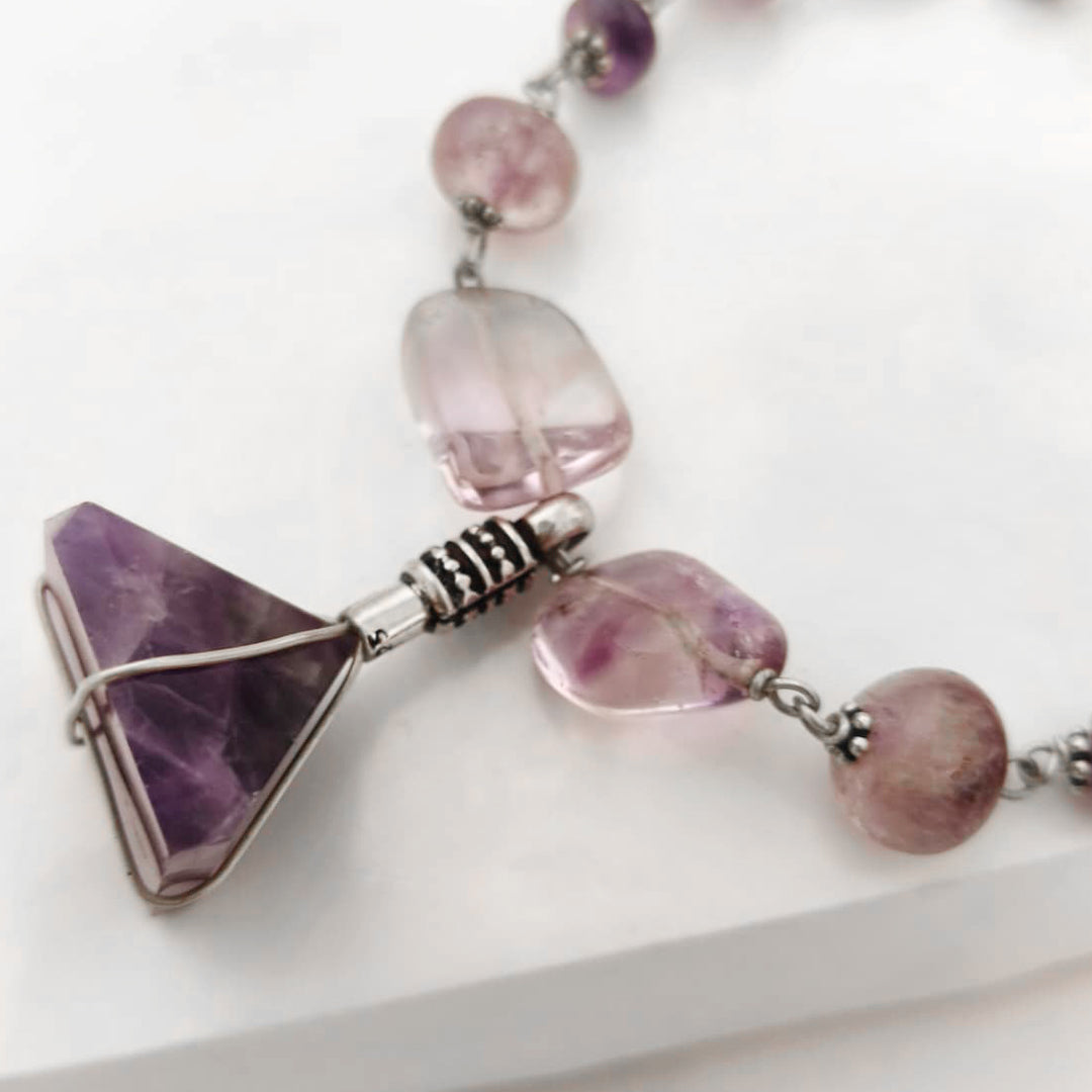 Amethyst Beads along with a Amethyst Pyramid Pendant Silver Bracelet | Smooth Round Amethyst Beads in Silver Accessories