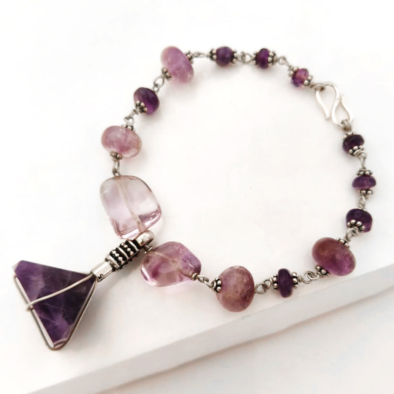 Amethyst Beads along with a Amethyst Pyramid Pendant Silver Bracelet | Smooth Round Amethyst Beads in Silver Accessories