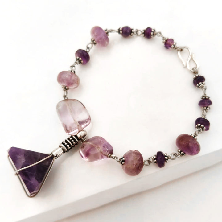 Amethyst Beads along with a Amethyst Pyramid Pendant Silver Bracelet | Smooth Round Amethyst Beads in Silver Accessories