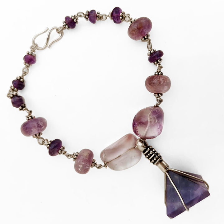 Amethyst Beads along with a Amethyst Pyramid Pendant Silver Bracelet | Smooth Round Amethyst Beads in Silver Accessories
