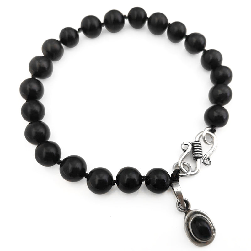 Natural Black Agate ( Kali Hakik ) Smooth Round Beads Mala Bracelet with Black Onyx Silver Pendant | Protection from Evil eye