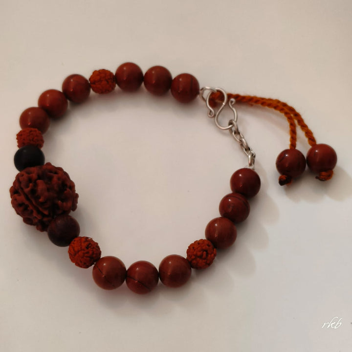 Rakta Prithvi Kavach Bracelet: 3 Mukhi Rudraksha & Red Jasper for Strength & Grounding