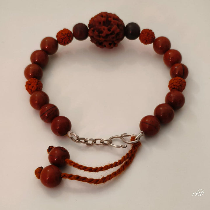 Rakta Prithvi Kavach Bracelet: 3 Mukhi Rudraksha & Red Jasper for Strength & Grounding