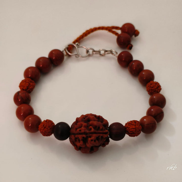 Rakta Prithvi Kavach Bracelet: 3 Mukhi Rudraksha & Red Jasper for Strength & Grounding