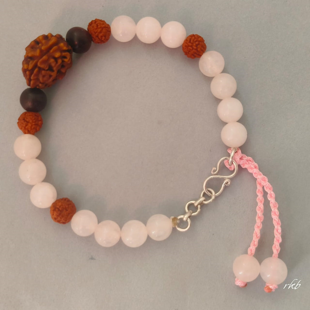 Dampatya Preeti Bracelet: 2 Mukhi Rudraksha & Rose Quartz for Love & Relationship Harmony Female
