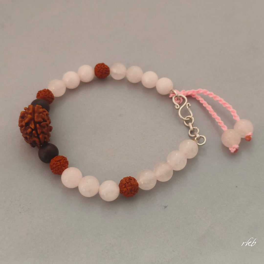 Dampatya Preeti Bracelet: 2 Mukhi Rudraksha & Rose Quartz for Love & Relationship Harmony